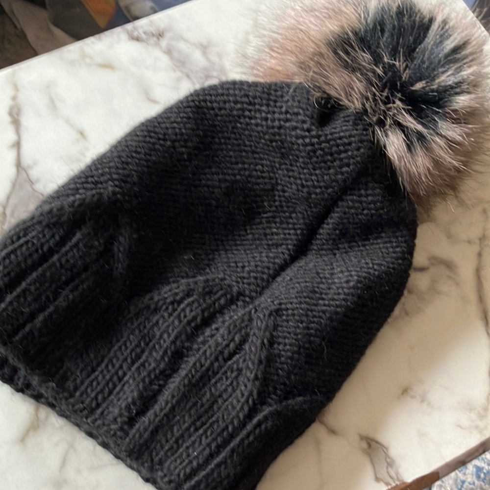 Village House Black Knit Beanie with Faux Fur Pom